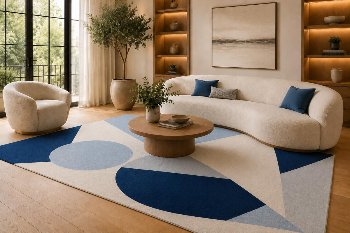 ICE ARMOR 6'7" x 9'10" Blue and Cream Modern Abstract Forms Area Rug for Living Room, Soft Low Pile Carpet with Non-Slip Silicone Backing, Floor Decor for Bedroom, Dining Area and Home Office