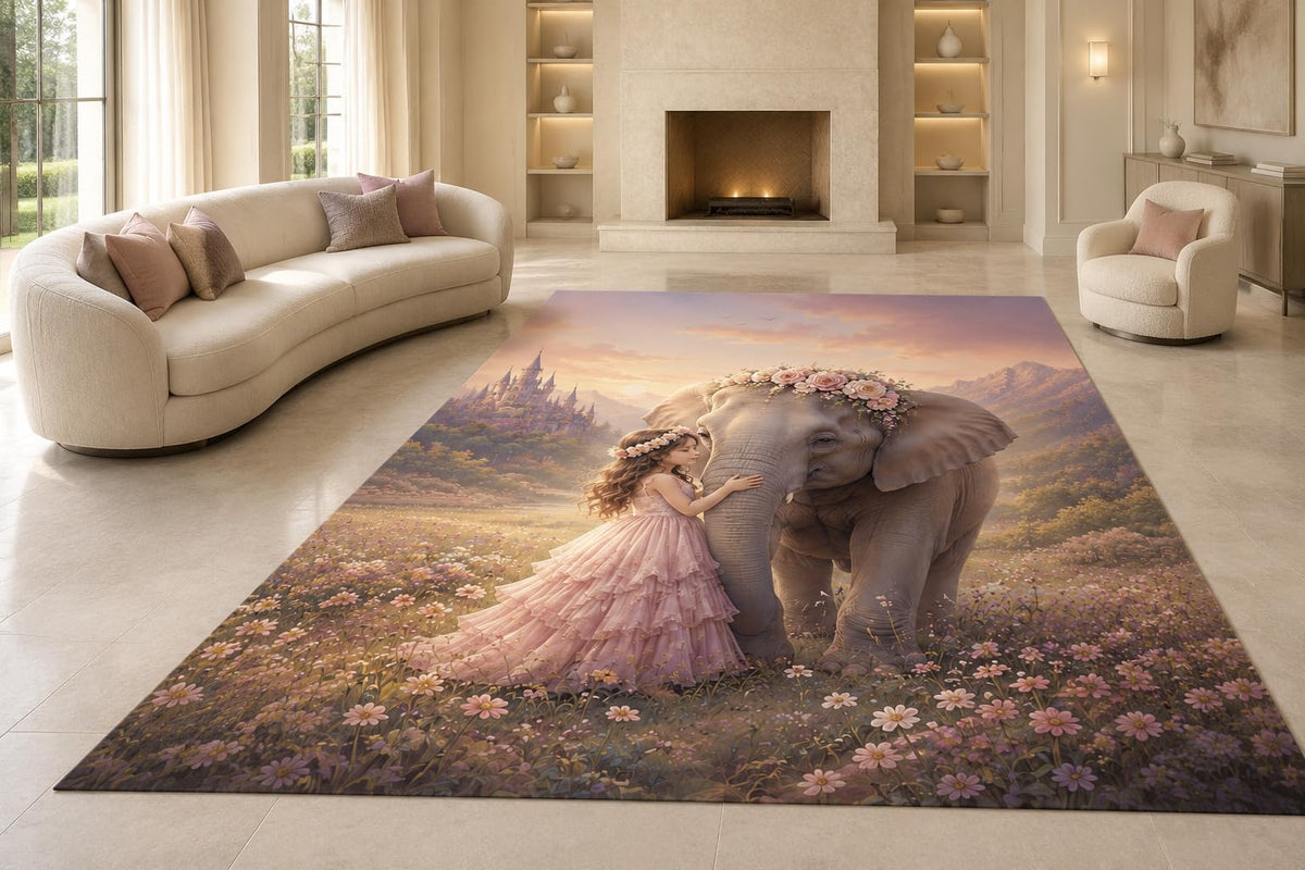 ICE ARMOR "Ultra Lightweight Large 6'7" x 9'10" Girl Elephant Meadow Area Rug for Living Room, Bedroom and Home Office, Soft Low Pile Carpet with Non-Slip Silicone Backing, Pink and Gray