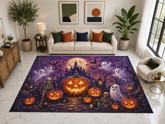 ICE ARMOR "Ultra Light Weight Large 6'7" x 9'10" Ghost Pumpkin Castle Rug, Soft Low Pile Indoor Rug, Non-Slip Silicone Backing for Kids Room Purple