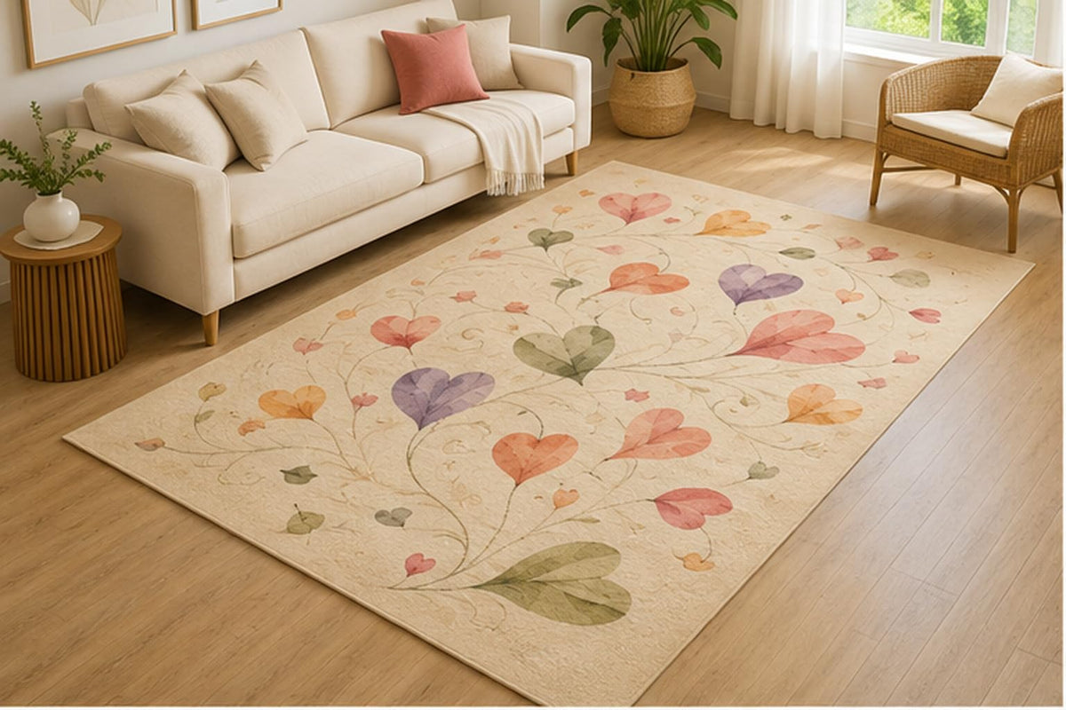 ICE ARMOR 5' x 7' Whimsical Heart Vine Area Rug for Living Room, Soft Low Pile Indoor Rug with Non-Slip Silicone Backing, Decorative Carpet for Bedroom, Nursery, Kids Room, Kids & Pets, Cream Pastel