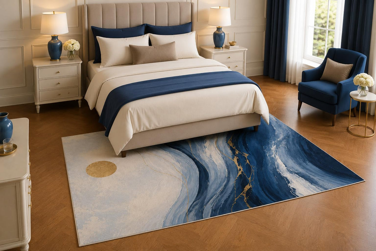 ICE ARMOR 5' x 7' Blue Abstract Wave Area Rug, Modern Geometric Gold Accent Living Room Bedroom Office Decor, Non-Slip Silicone Backing Low Pile Carpet