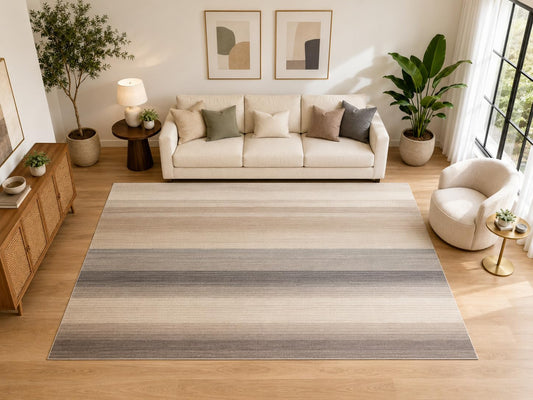 ICE ARMOR "Ultra Light Weight Large 6'7" x 9'10" Neutral Stripe Area Rug for Living Room and Family Room, Soft Low Pile Indoor Rug and Non-Slip Silicone Backing, Beige