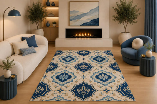 ICE ARMOR 5' x 7' Blue French Country Medallion Area Rug Vintage Moroccan Floral Tile Pattern for Living Room Bedroom Dining Room Entryway Non-Slip Silicone Backing Low Pile