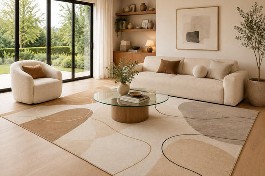 ICE ARMOR 6'7" x 9'10" Neutral Line Art Area Rug for Living Room, Soft Low Pile Indoor Rug with Non-Slip Silicone Backing, Decorative Floor Carpet for Bedroom, Dining Room and Home Office, Beige