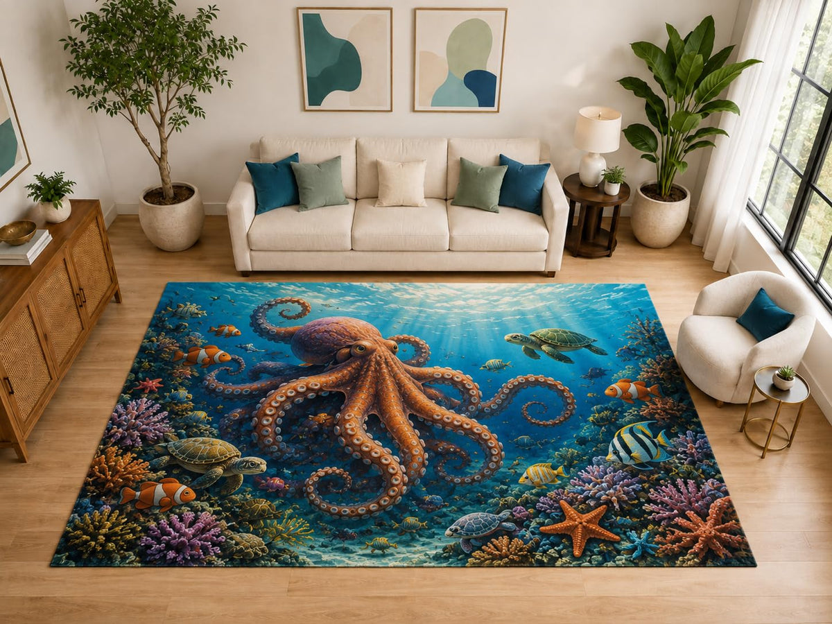 ICE ARMOR "Ultra Light Weight Large 6'7" x 9'10" Octopus Sea Turtle Reef Rug for Family Room, Soft Low Pile Indoor Rug and Non-Slip Silicone Backing, Blue