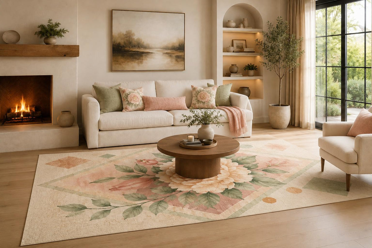 ICE ARMOR Large 6'7" x 9'10" Blush Pink and Sage Green Diamond Garden Floral Area Rug for Living Room, Soft Low Pile Carpet with Non-Slip Silicone Backing, Decor for Bedroom and Home Office