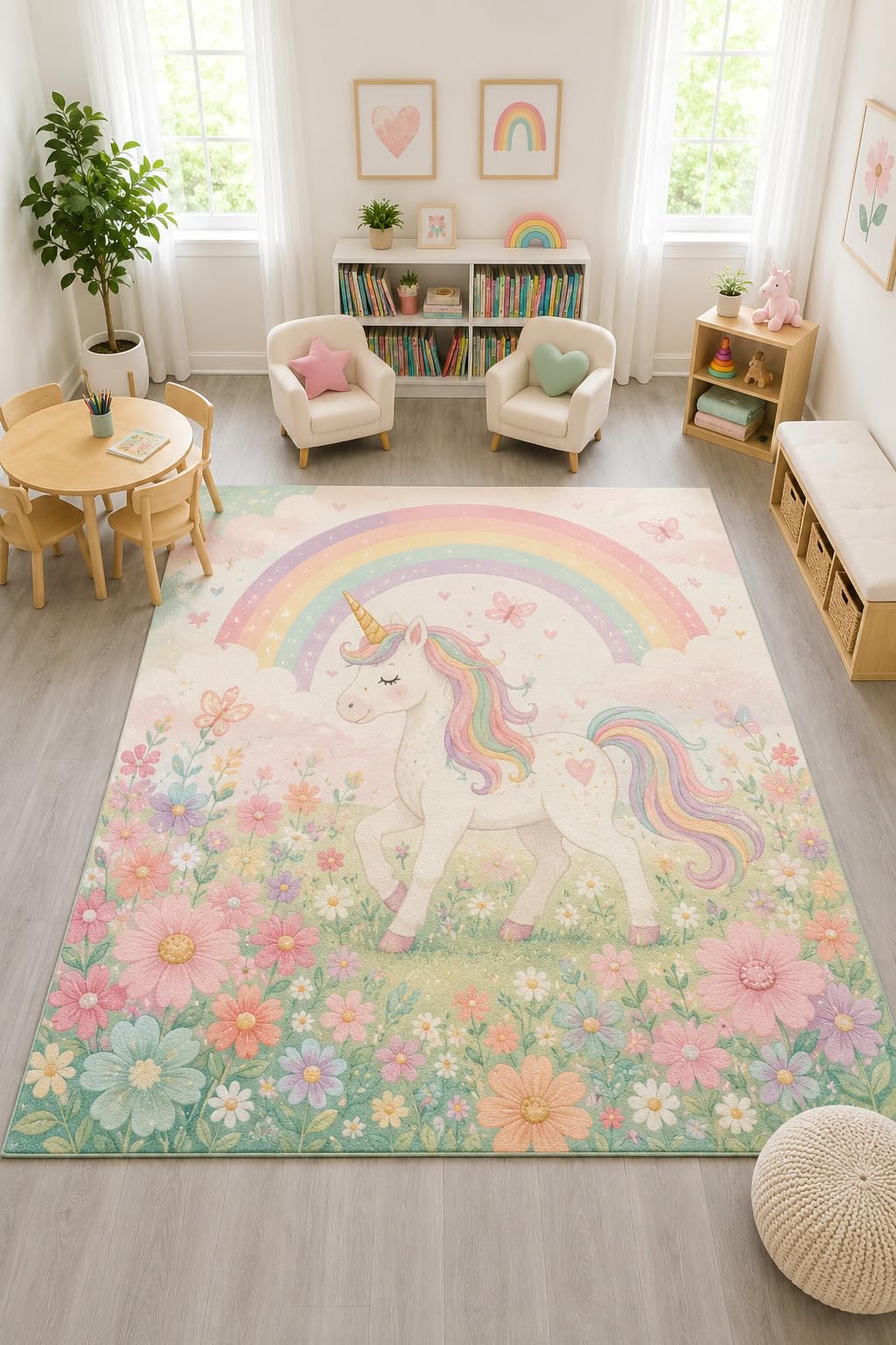 ICE ARMOR "Ultra Light Weight Large 6'7" x 9'10" Unicorn Rainbow Rug, Soft Low Pile Indoor Rug, Non-Slip Silicone Backing Nursery Kids Playroom Pink