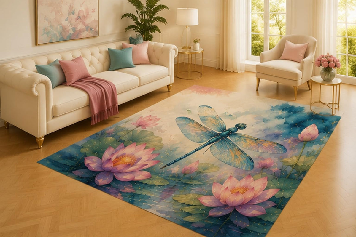 ICE ARMOR 5' x 7' Lotus Dragonfly Rug, Blue Insect Flying Above Pink Lotus Flowers and Lily Pads, Soft Floor Cover for Living Room, Bedroom, Nursery and Pond Decor