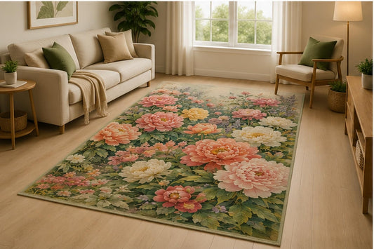 ICE ARMOR 5' x 7' Cottage Peony Meadow Area Rug for Living Room, Soft Low Pile Indoor Rug with Non-Slip Silicone Backing, Bedroom, Playroom, Kids & Pets, Cream Pink