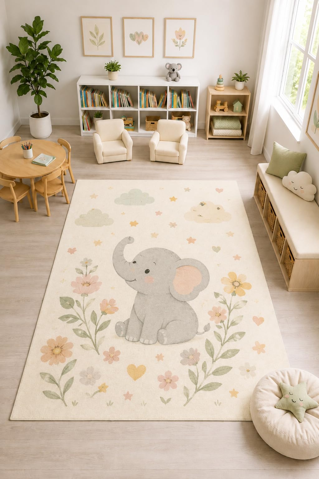 ICE ARMOR "Ultra Light Weight Large 6'7" x 9'10" Baby Elephant Floral Rug, Soft Low Pile Indoor Rug, Non-Slip Silicone Backing Nursery Kids Cream