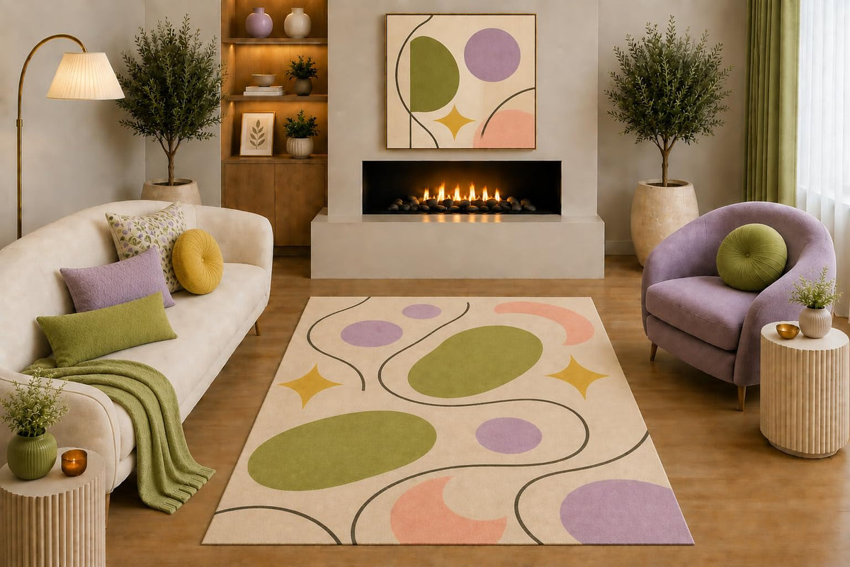 ICE ARMOR "Ultra Light Weight 5' x 7' Mid Century Modern Area Rug Sage Green Lavender Peach Abstract Oval Star Design for Living Room Bedroom Nursery Non-Slip Silicone Backing Low Pile