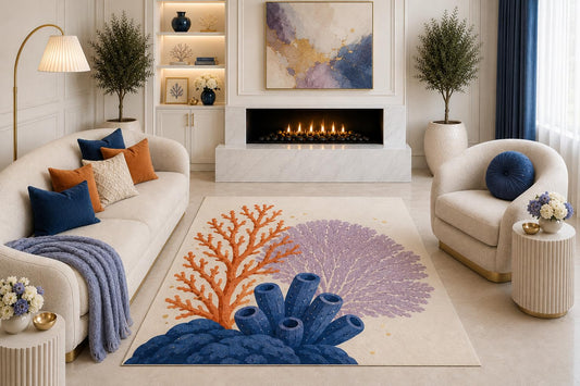 ICE ARMOR "Ultra Light Weight 5' x 7' Coral Reef Area Rug, Orange Lavender Navy Coastal Sea Life Art for Living Room Bedroom Beach House Decor, Non-Slip Silicone Backing Low Pile