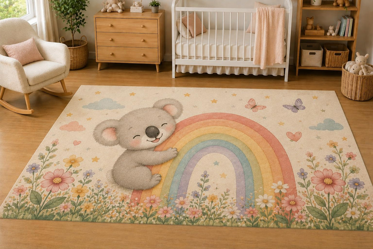 ICE ARMOR 5' x 7' Baby Koala Rainbow Area Rug for Nursery, Soft Low Pile Indoor Rug with Non-Slip Silicone Backing, Kids Room, Playroom, Kids & Pets, Beige Pastel
