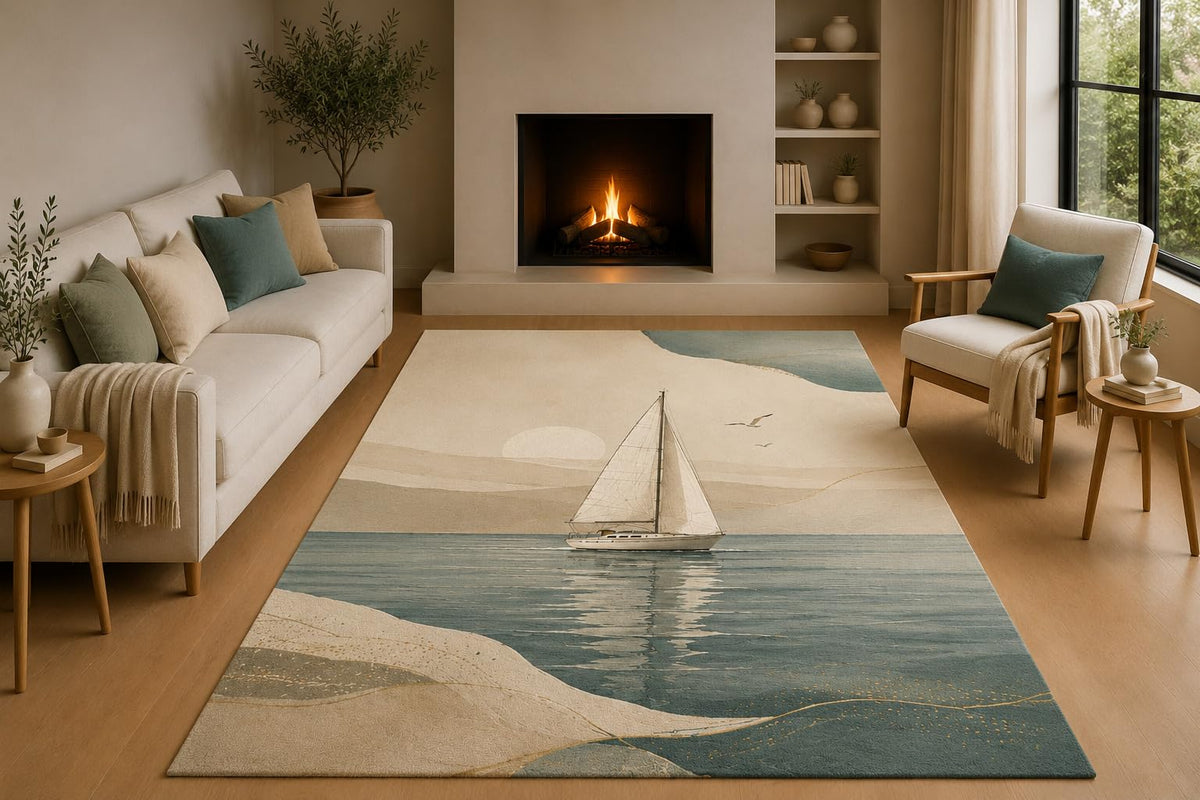 ICE ARMOR 5' x 7' Coastal Sailboat Ocean Area Rug with Non-Slip Silicone Backing Low Pile Soft Carpet for Living Room Bedroom Office Nautical Beach Decor