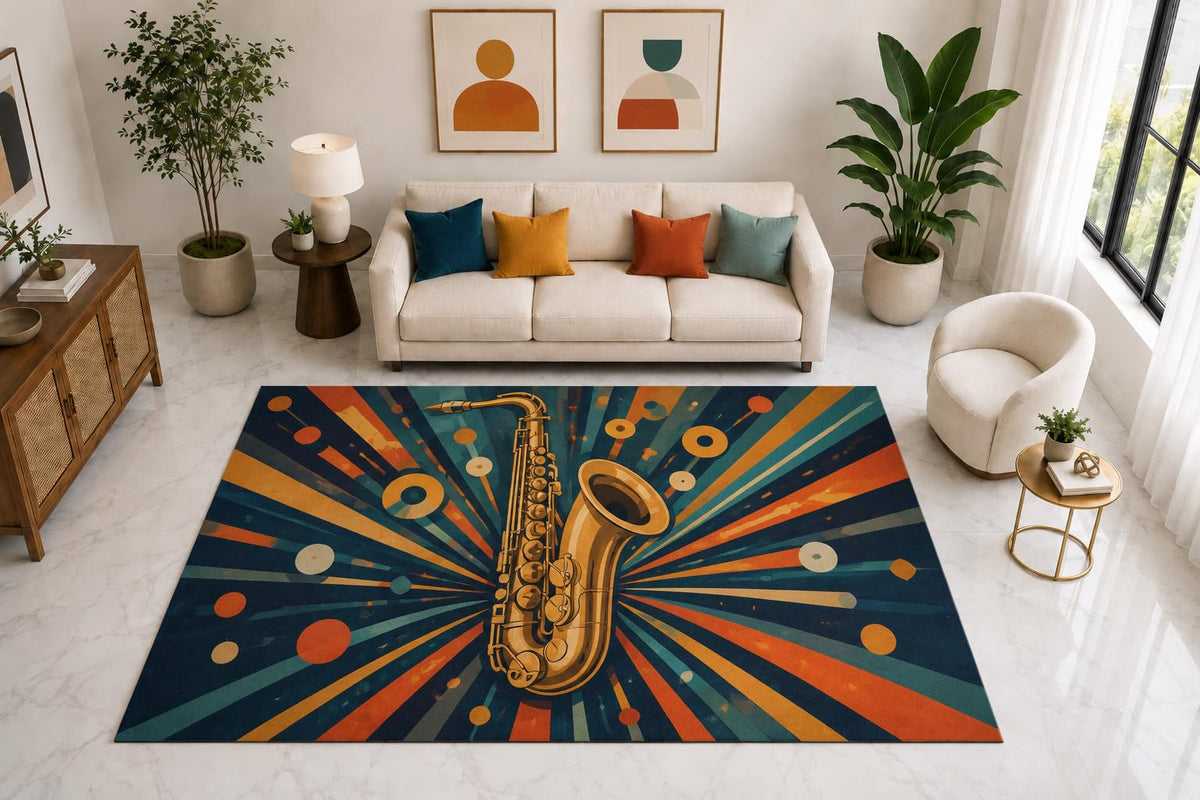 ICE ARMOR "Ultra Light Weight Large 6'7" x 9'10" Saxophone Sunburst Rug, Soft Low Pile Indoor Rug, Non-Slip Silicone Backing for Living Room Blue