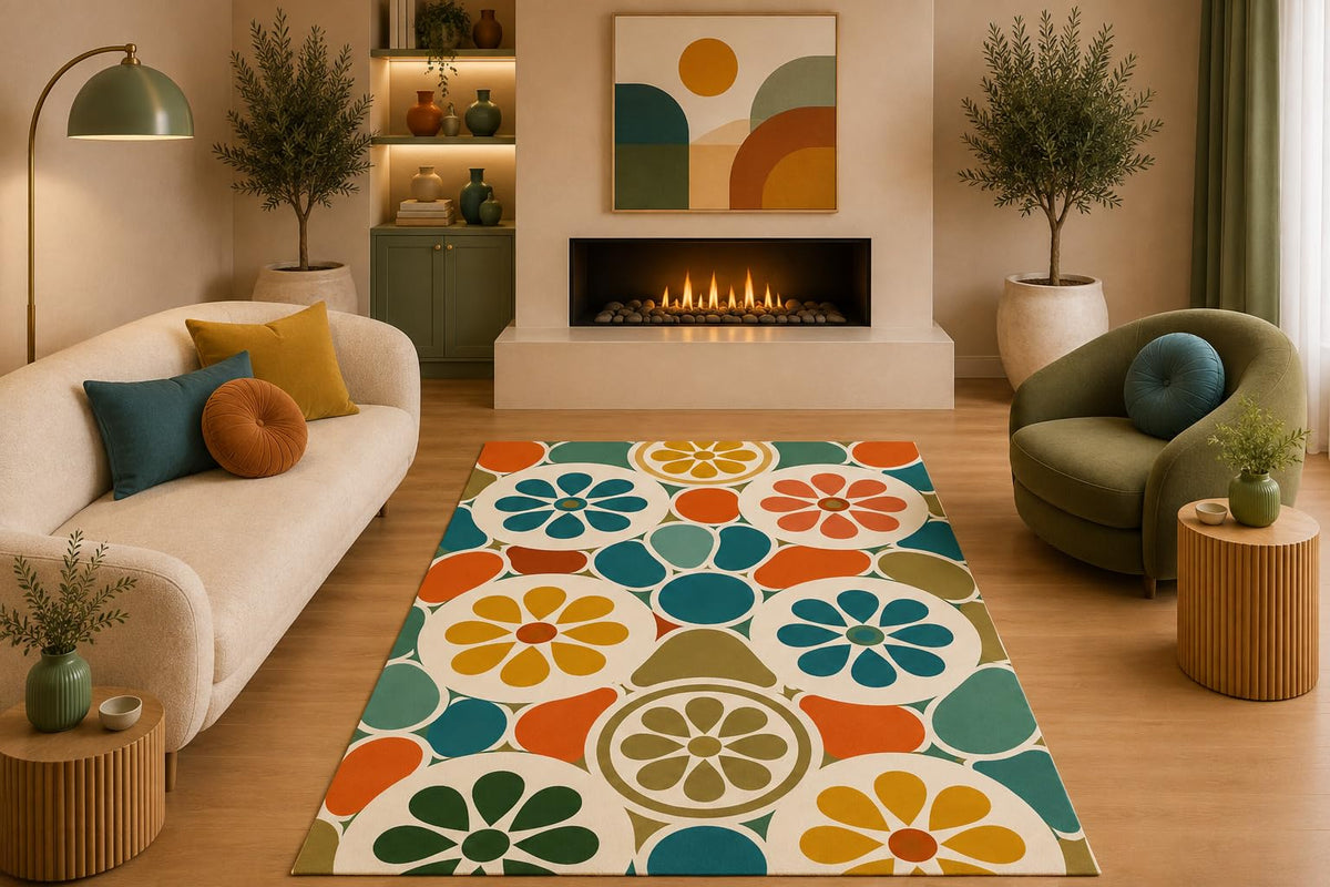 ICE ARMOR 5' x 7' Retro Mod Floral Area Rug Mid Century Daisy Circle Pattern Teal Orange Mustard Green for Living Room Bedroom Dining Room Non-Slip Silicone Backing Low Pile