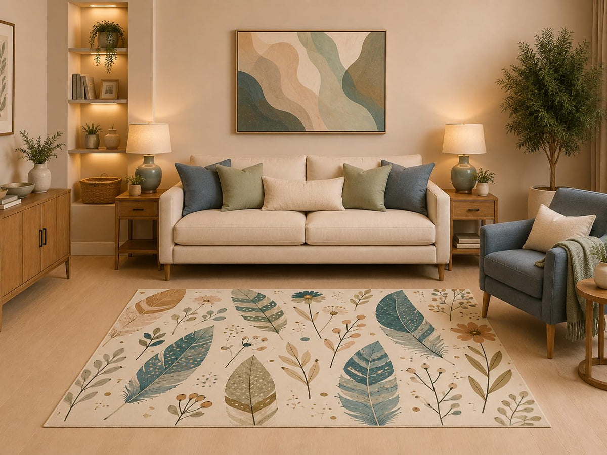 ICE ARMOR 5' x 7' Scandinavian Wildflower Feather Area Rug Boho Botanical Nature Pattern for Living Room Bedroom Nursery Entryway Guest Room Non-Slip Silicone Backing Low Pile