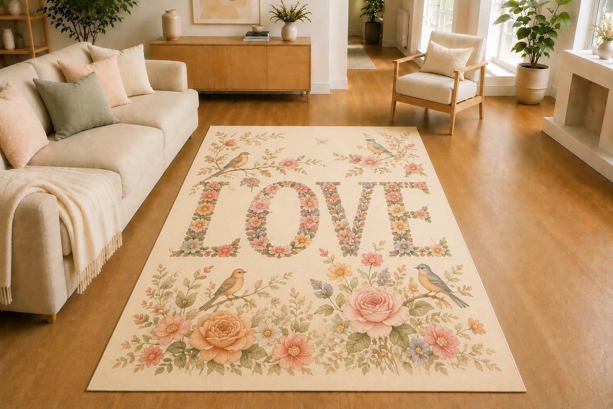 ICE ARMOR 5' x 7' Floral Bird Love Area Rug, Soft Low Pile Indoor Rug with Non-Slip Silicone Backing for Living Room, Bedroom, Nursery, Family Room, Kids & Pets, Cream Pink Sage