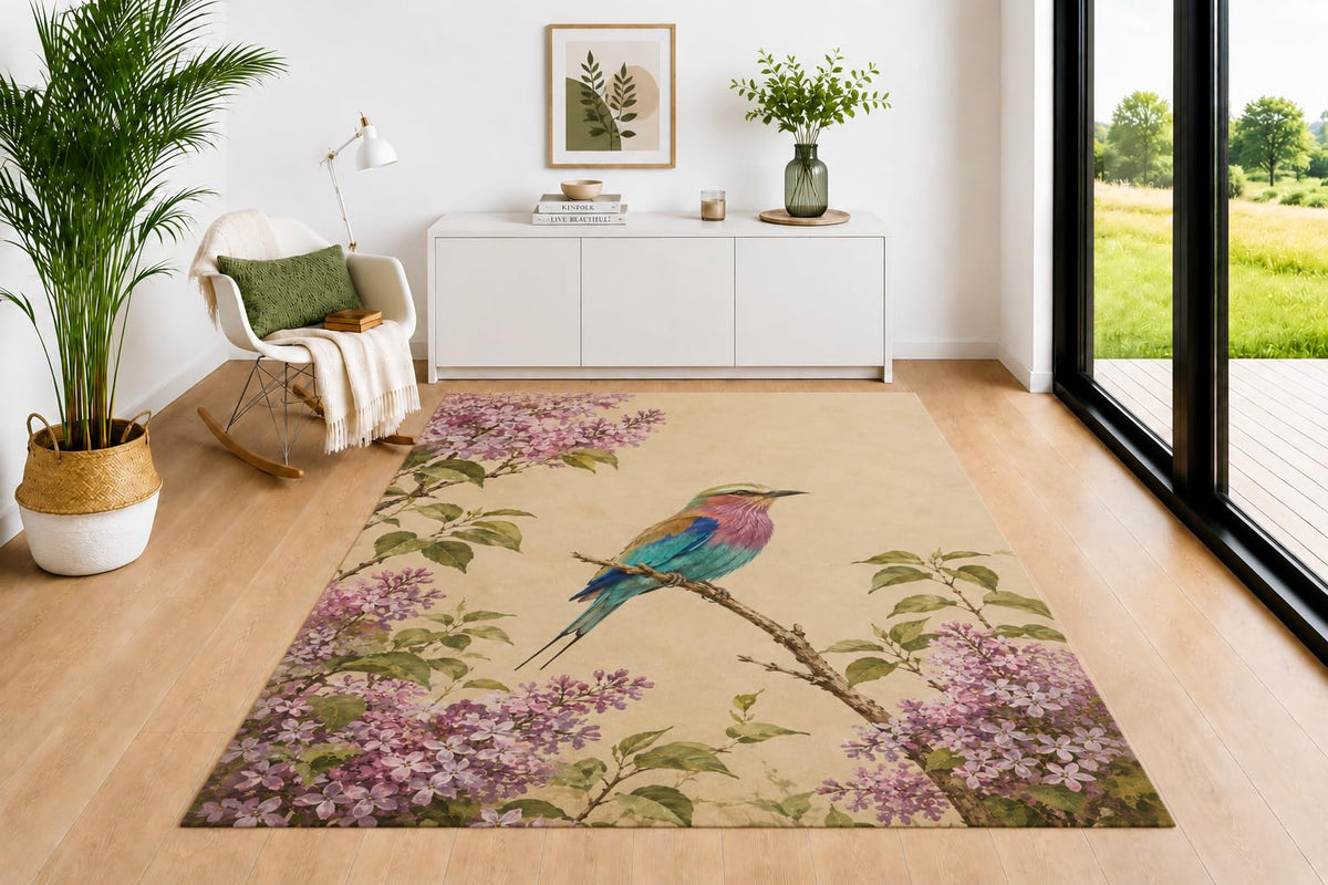 ICE ARMOR 5' x 7' Lilac-Breasted Roller Bird Area Rug for Living Room, Soft Low Pile Indoor Rug with Non-Slip Silicone Backing, Decorative Carpet for Bedroom, Office, Kids & Pets, Beige