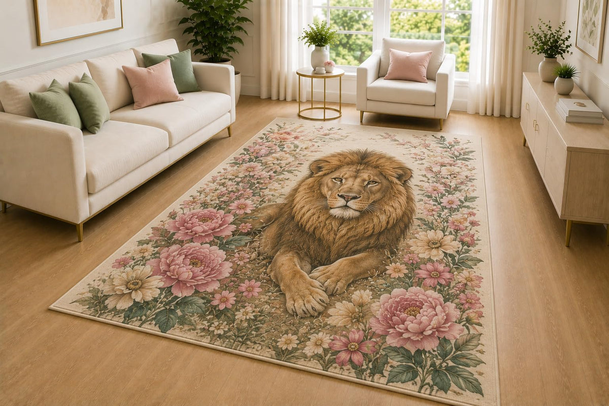 ICE ARMOR 5' x 7' Majestic Lion Floral Meadow Area Rug, Soft Low Pile Indoor Rug with Non-Slip Silicone Backing, Botanical Carpet for Bedroom, Office, Family Room, Kids & Pets, Beige Pink