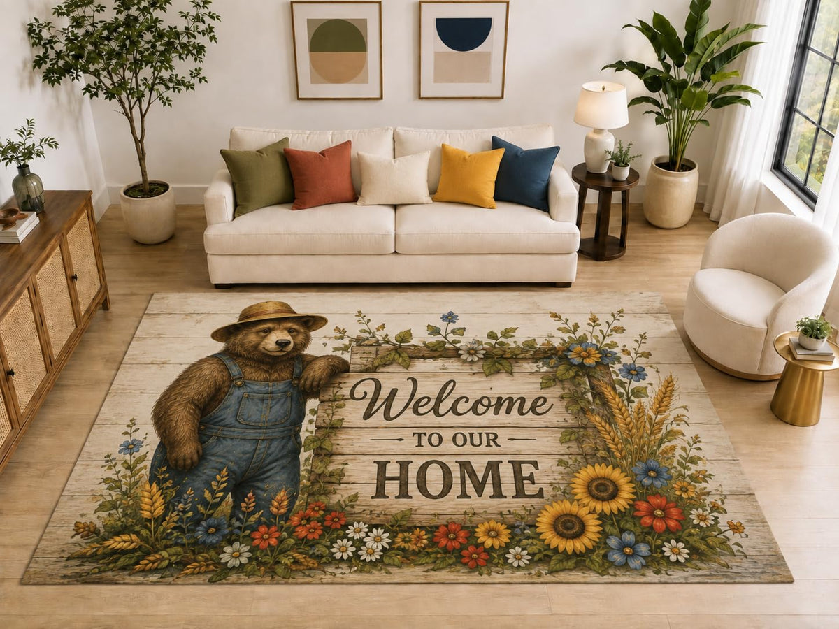 ICE ARMOR "Ultra Light Weight Large 6'7" x 9'10" Welcome Bear Area Rug, Soft Low Pile Indoor Rug, Non-Slip Silicone Backing, Living Room, Beige