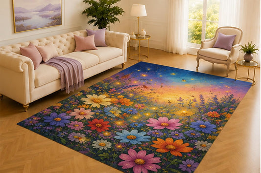 ICE ARMOR 5' x 7' Wildflower Meadow Rug, Colorful Garden Blooms Beneath a Glowing Sunset Sky with Tiny Fireflies, Soft Floor Cover for Living Room, Bedroom and Cottage Decor