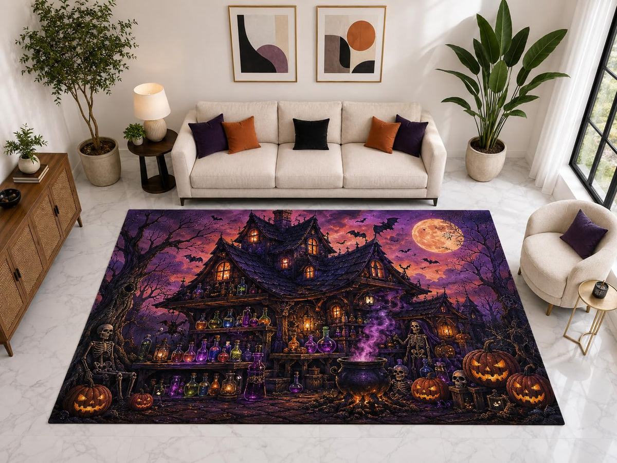 ICE ARMOR "Ultra Light Weight Large 6'7" x 9'10" Haunted Witch House Rug, Soft Low Pile Indoor Rug, Non-Slip Silicone Backing for Living Room Purple