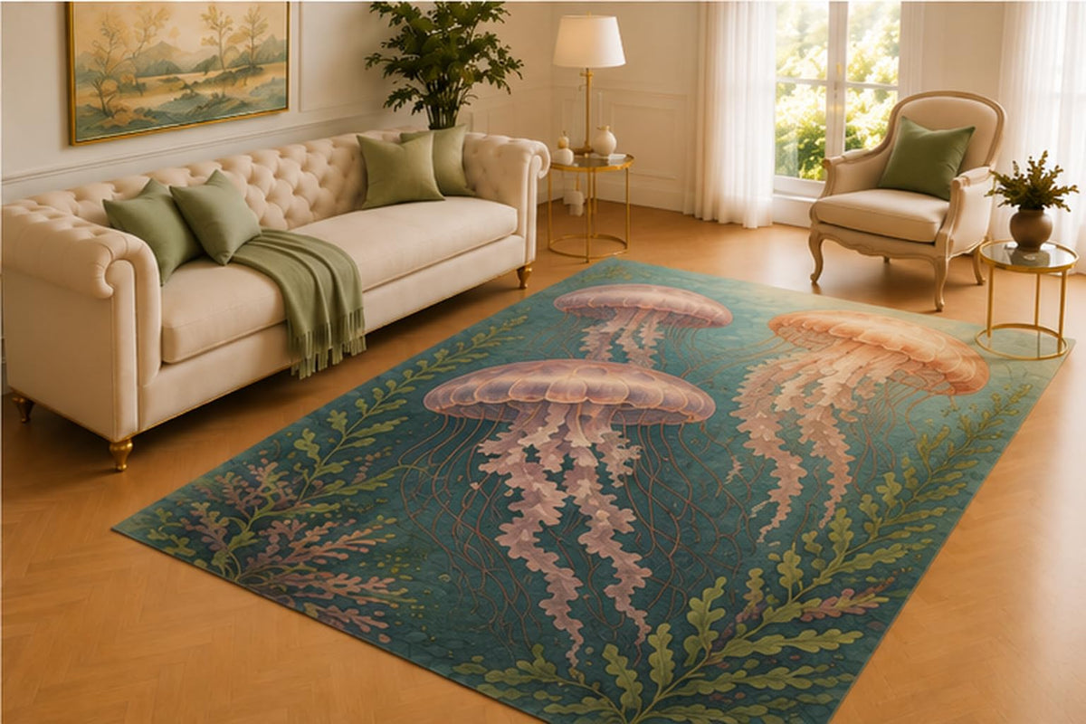 ICE ARMOR 5' x 7' Jellyfish Rug, Three Graceful Sea Creatures Floating Among Coral and Seaweed, Soft Floor Cover for Living Room, Bedroom, Nursery and Coastal Decor