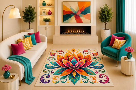 ICE ARMOR "Ultra Light Weight 5' x 7' Colorful Lotus Floral Area Rug Boho Mandala Botanical Scroll Decor for Living Room Bedroom Meditation Room Non-Slip Silicone Backing Low Pile