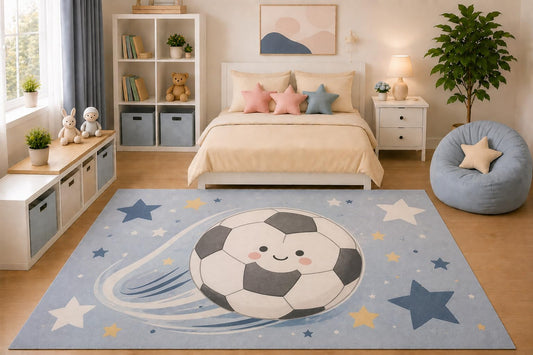 ICE ARMOR 5' x 7' Kids Area Rug Soccer Ball and Stars Rug Cartoon Sports Bedroom Playroom Nursery Decor for Boys Game Room Non-Slip Silicone Backing Low Pile