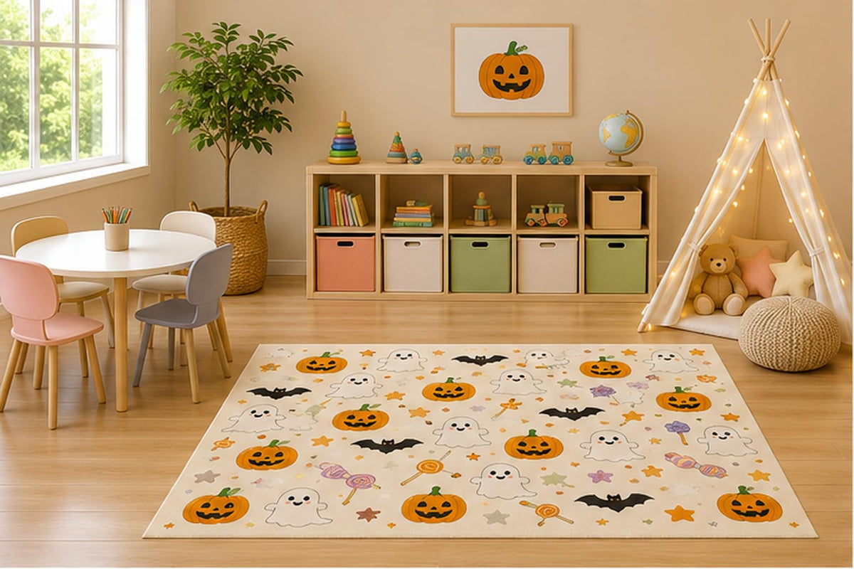 ICE ARMOR 5' x 7' Cute Halloween Ghost and Pumpkin Kids Area Rug, Kawaii Bats Candy Stars Cartoon Playroom Nursery Bedroom Classroom Decor, Non-Slip Silicone Backing Low Pile