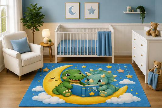 ICE ARMOR 5' x 7' Watercolor Dinosaur Reading Books Nursery Area Rug, Cute Dino Storytime Kids Bedroom Playroom Classroom Decor Carpet, Non-Slip Silicone Backing Low Pile