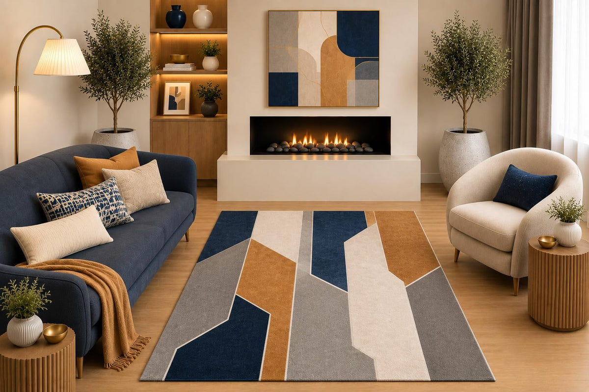 ICE ARMOR "Ultra Light Weight 5' x 7' Modern Abstract Geometric Area Rug Navy Blue Gray Beige Tan Contemporary Design for Living Room Bedroom Dining Room Office Non-Slip Silicone Backing Low Pile