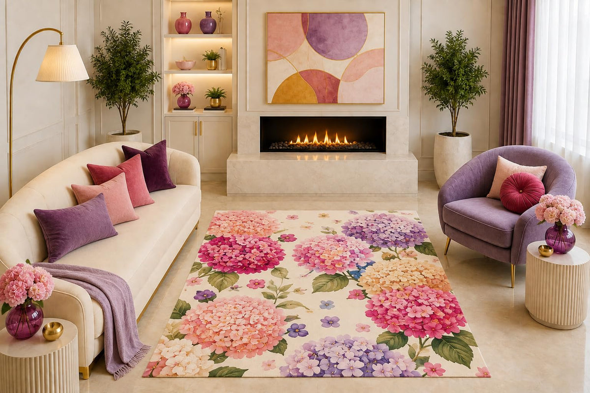 ICE ARMOR "Ultra Light Weight 5' x 7' Hydrangea Floral Area Rug Colorful Botanical Art Pink Purple Yellow Green for Living Room Bedroom Nursery Non-Slip Silicone Backing Low Pile