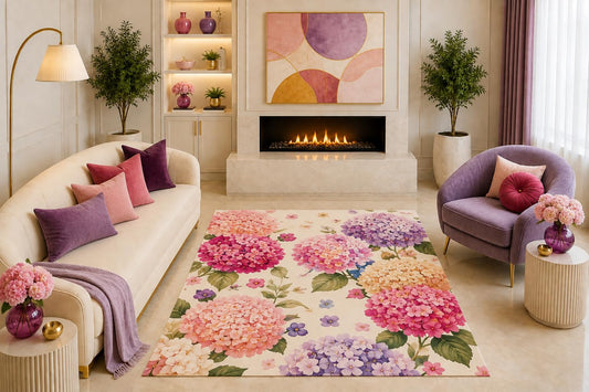 ICE ARMOR "Ultra Light Weight 5' x 7' Hydrangea Floral Area Rug Colorful Botanical Art Pink Purple Yellow Green for Living Room Bedroom Nursery Non-Slip Silicone Backing Low Pile