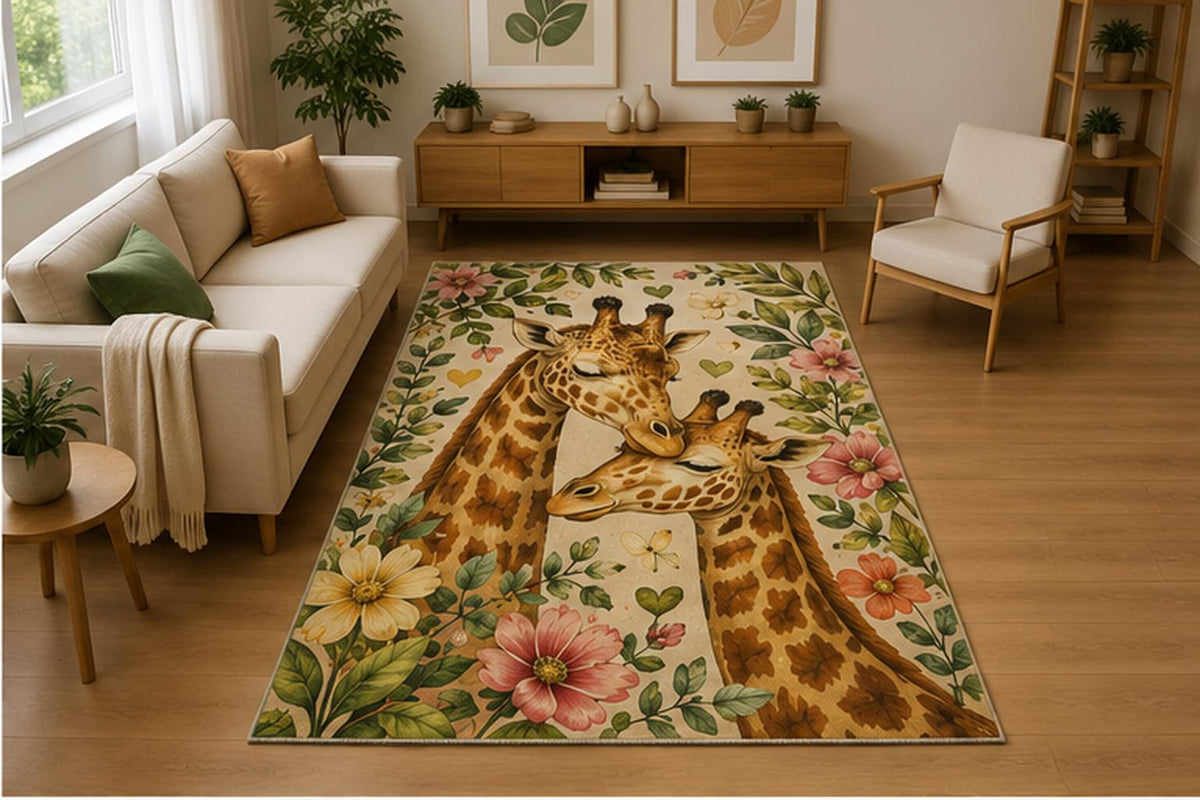 ICE ARMOR 5' x 7' Giraffe Safari Meadow Area Rug Soft Low Pile Indoor Rug with Non Slip Silicone Backing African Animal Decor Carpet for Living Room Bedroom Nursery Kids Room Green