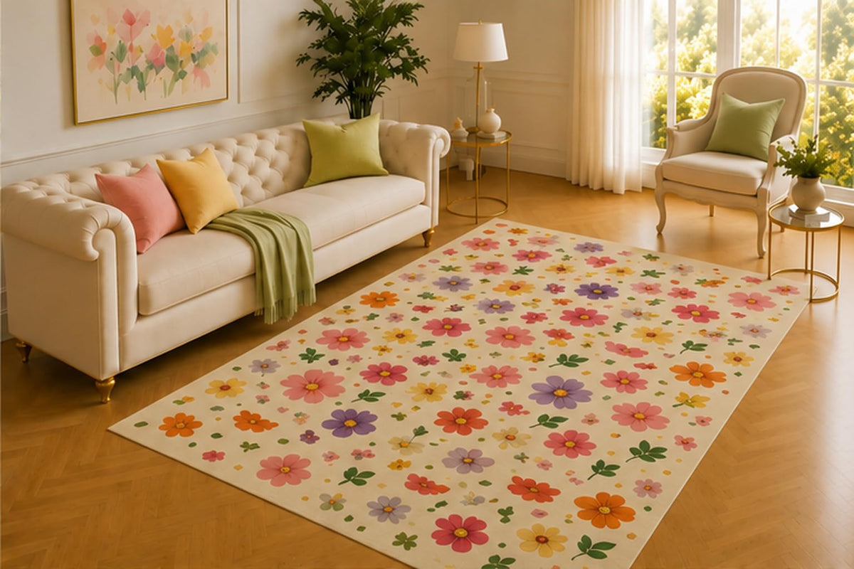 ICE ARMOR 5' x 7' Mini Blossom Rug, Scattered Pink, Orange, Purple and Yellow Flowers on Cream, Playful Accent for Nursery, Bedroom, Craft Room or Play Area