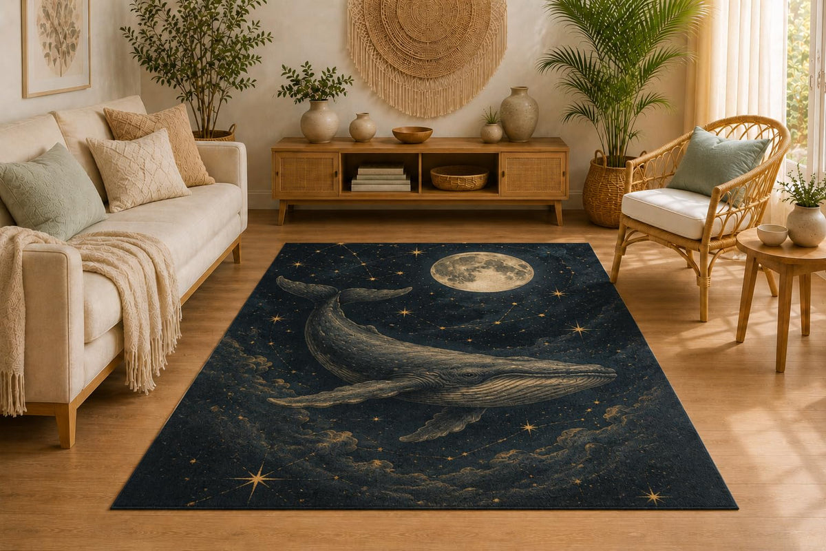 ICE ARMOR 5' x 7' Moon Whale Celestial Area Rug for Living Room, Soft Low Pile Indoor Rug with Non-Slip Silicone Backing, Carpet for Bedroom, Office, Navy Blue