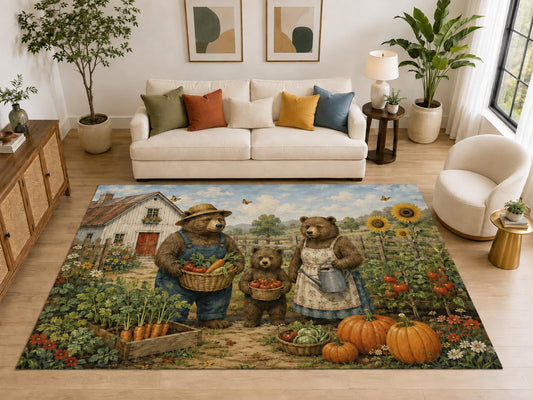 ICE ARMOR "Ultra Light Weight Large 6'7" x 9'10" Bear Family Garden Area Rug, Soft Low Pile Indoor Rug, Non-Slip Silicone Backing, Kids Room, Brown