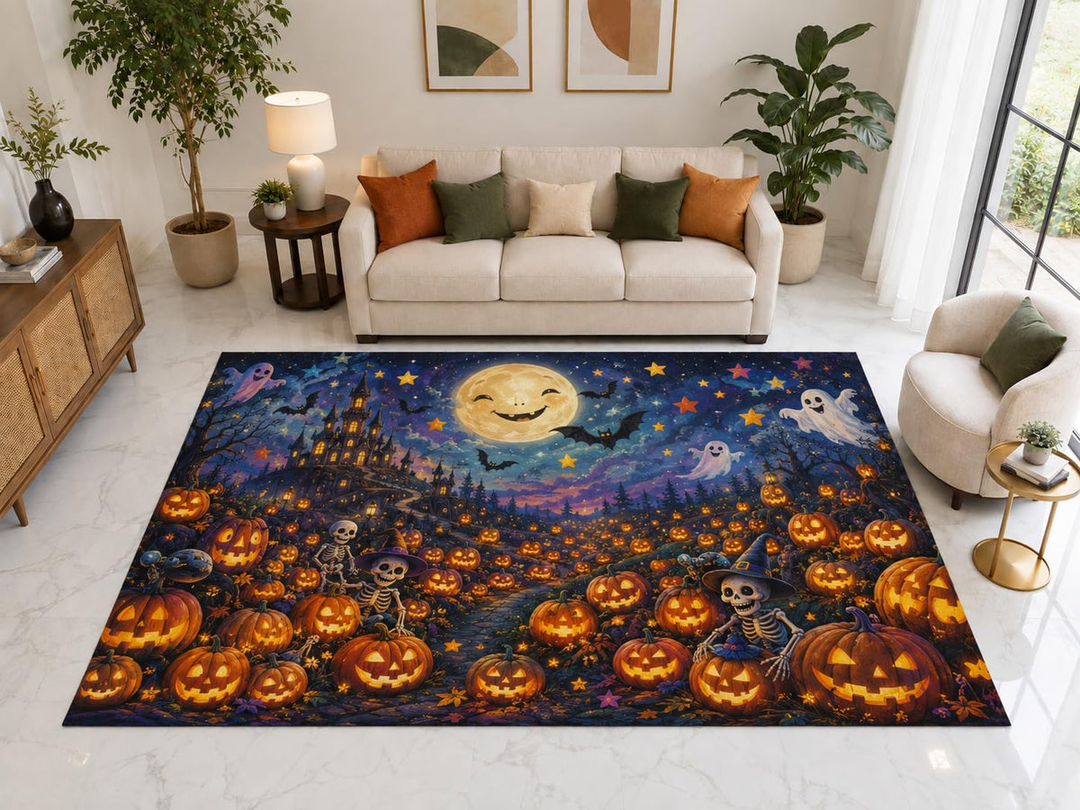 ICE ARMOR "Ultra Light Weight Large 6'7" x 9'10" Halloween Pumpkin Ghost Rug, Soft Low Pile Indoor Rug, Non-Slip Silicone Backing for Kids Room Blue