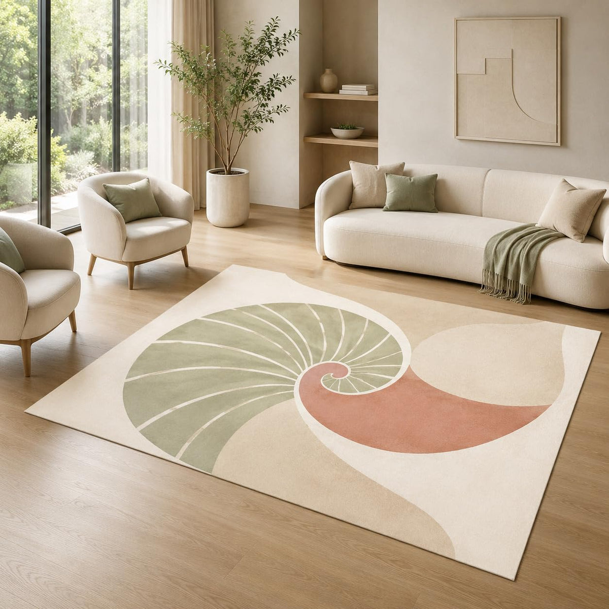 ICE ARMOR 5' x 7' Nautilus Shell Spiral Area Rug for Living Room, Soft Low Pile Indoor Rug with Non-Slip Silicone Backing, Decorative Carpet for Bedroom, Office, Family Room, Sage Green