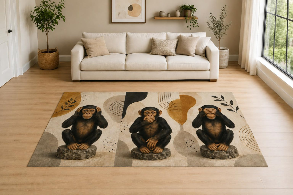 ICE ARMOR "Ultra Lightweight Large 6'7" x 9'10" Wise Monkey Statues Area Rug for Living Room, Bedroom and Home Office, Soft Low Pile Carpet with Non-Slip Silicone Backing, Brown and Beige