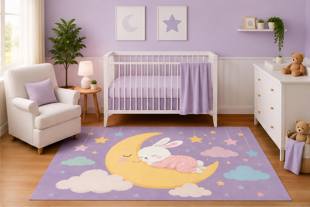 ICE ARMOR 5' x 7' Sleeping Bunny Moon Area Rug for Nursery Room, Cute Lavender Clouds and Stars Night Sky Design, Baby Girl Bedroom Decor, Non-Slip Silicone Backing Low Pile