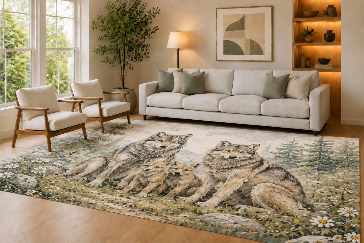 ICE ARMOR Large 6'7" x 9'10" Gray and Cream Wolf Family Area Rug for Living Room, Soft Low Pile Carpet with Non-Slip Silicone Backing, Decor for Bedroom Dining Room and Home Office