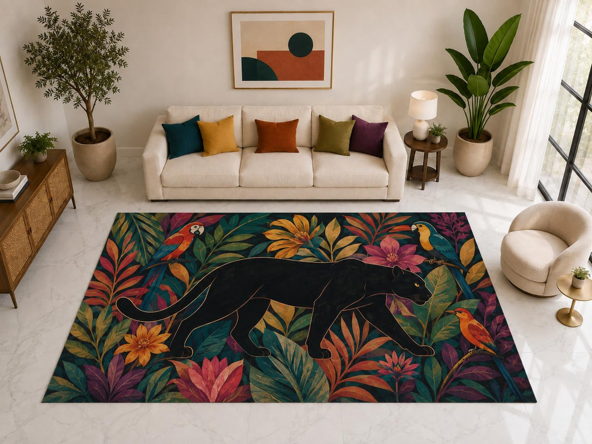 ICE ARMOR "Ultra Light Weight Large 6'7" x 9'10" Panther Tropical Birds Rug, Soft Low Pile Indoor Rug, Non-Slip Silicone Backing for Living Room Teal