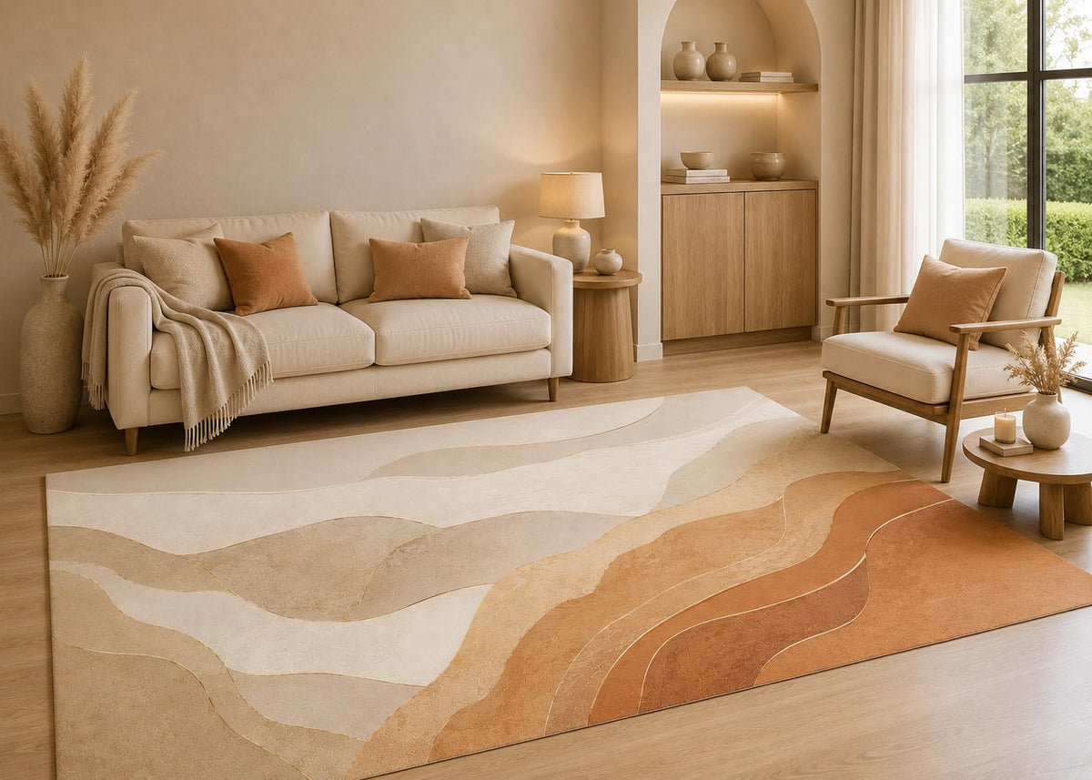 ICE ARMOR 5' x 7' Modern Abstract Area Rug with Non-Slip Silicone Backing Low Pile Soft Carpet for Living Room Bedroom Neutral Beige Terracotta Landscape Decor