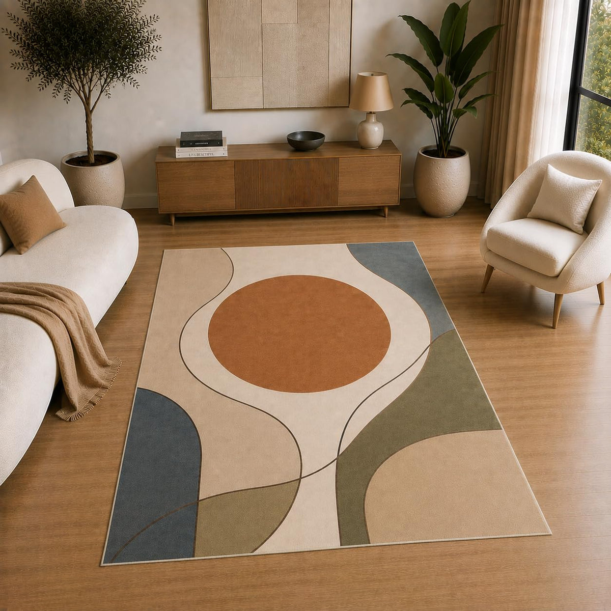 ICE ARMOR 5' x 7' Modern Abstract Circle Area Rug for Living Room, Soft Low Pile Indoor Rug with Non-Slip Silicone Backing, Decorative Carpet for Bedroom, Office, Family Room, Beige
