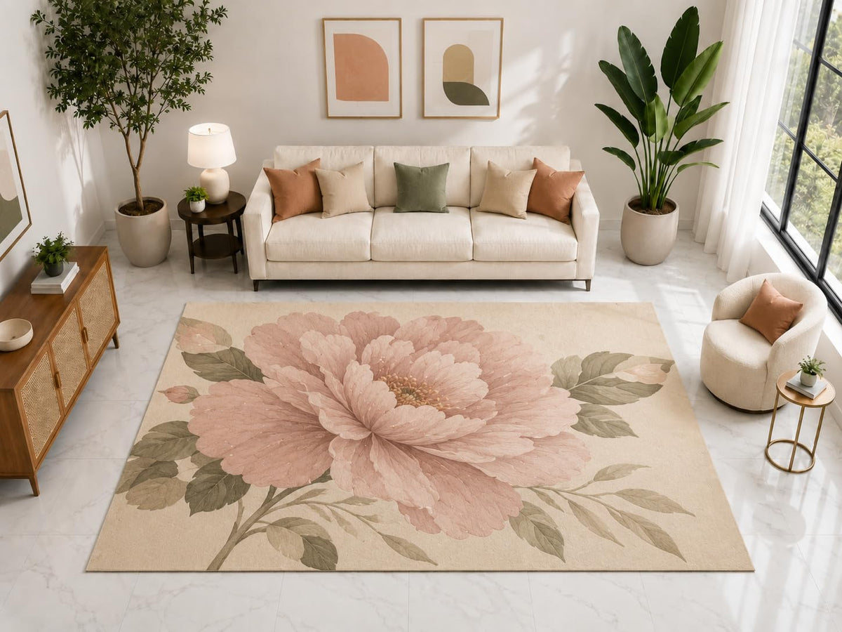 ICE ARMOR "Ultra Light Weight Large 6'7" x 9'10" Blush Peony Rug, Soft Low Pile Indoor Rug, Non-Slip Silicone Backing for Bedroom Pink Cream