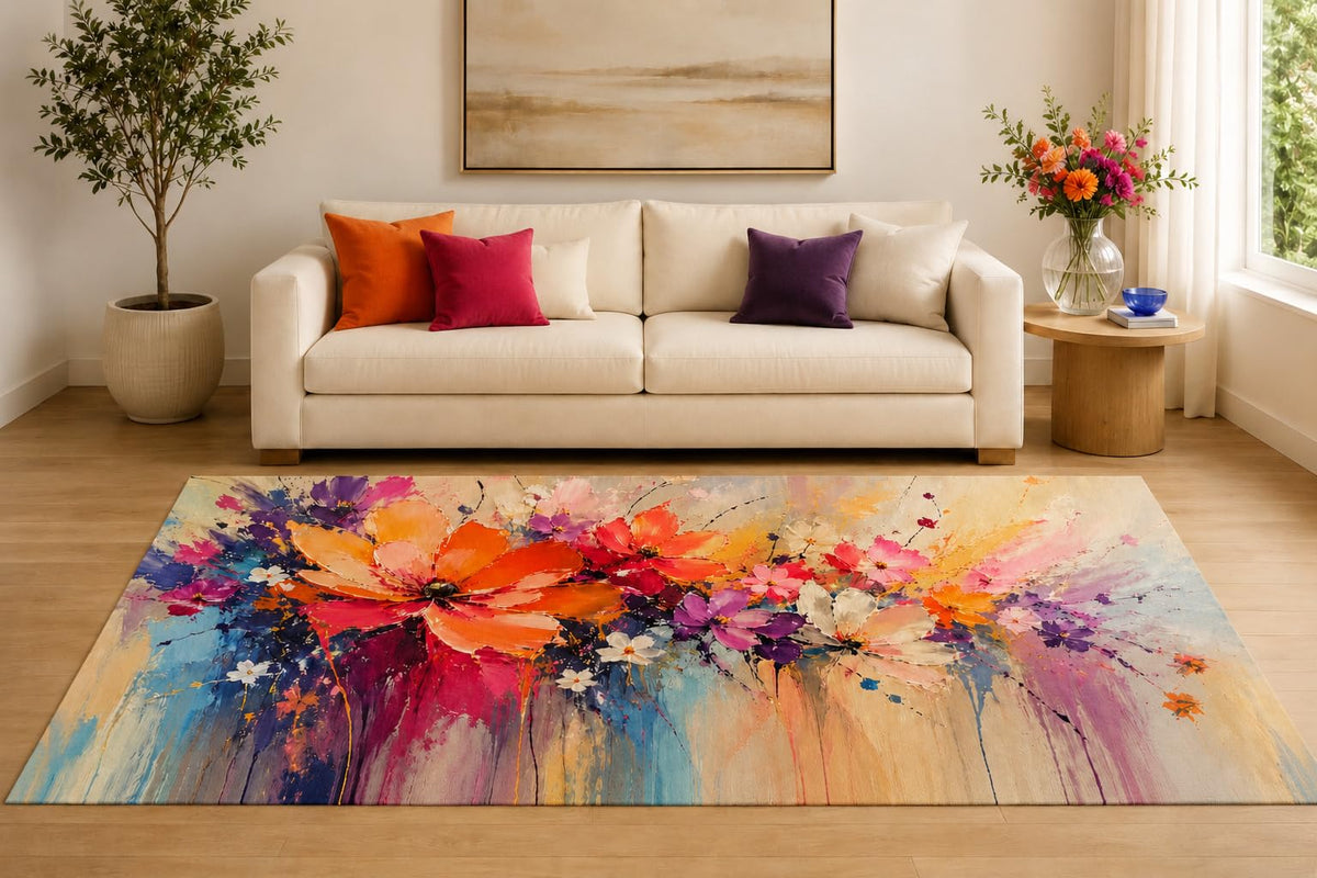 ICE ARMOR "Ultra Lightweight Large 6'7" x 9'10" Flower Splash Area Rug for Living Room, Bedroom and Home Office, Soft Low Pile Carpet with Non-Slip Silicone Backing, Orange and Purple