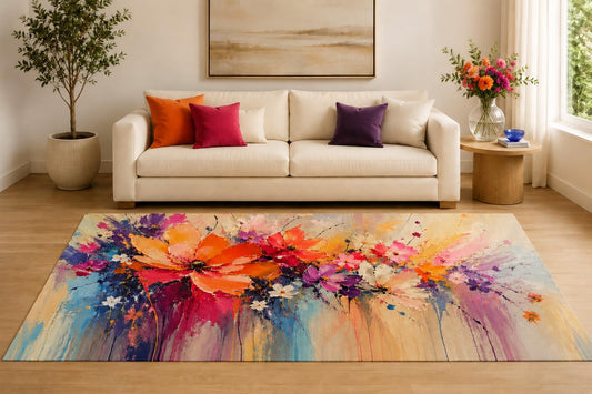 ICE ARMOR "Ultra Lightweight Large 6'7" x 9'10" Flower Splash Area Rug for Living Room, Bedroom and Home Office, Soft Low Pile Carpet with Non-Slip Silicone Backing, Orange and Purple